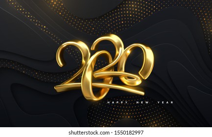 Happy New 2020 Year. Holiday vector illustration of golden calligraphic numbers 2020. Realistic 3d sign. Festive poster or banner design. Modern lettering on wavy papercut background with glitters.