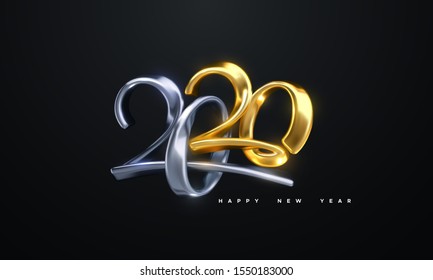 Feliz Año Nuevo 2020. Ilustración vectorial de los números caligráficos metálicos dorados y plateados 2020. Signo 3D realista. Diseño de afiches o pancartas festivas. Composición de letras moderna. Logo de la joya