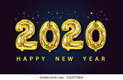 Happy New 2020 Year. Holiday vector illustration of golden metallic numbers 2020 on dark background