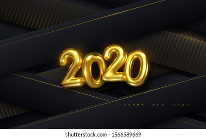 Happy New 2020 Year. Holiday vector illustration of golden metallic numbers 2020 on woven black ribbon background. Realistic 3d sign. Festive poster or banner design. Modern cover design