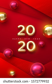 Happy New 2020 Year. Holiday vector illustration of golden metallic numbers 2020 with christmas balls. Realistic 3d sign. Red papercut background. Festive poster or stories template design