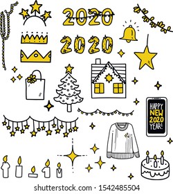 Happy New 2020 Year and Merry Christmas vector line icons set. Christmas tree, house, stars, garlands. Flat style on white background. For web design, mobile app, festive decoration.