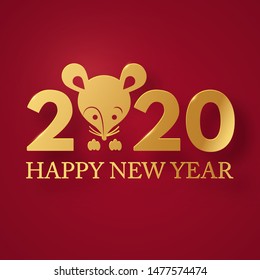 Happy new 2020 year! Papercut rat character. Red and gold design.