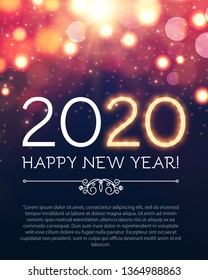 Happy New 2020 Year Party Poster Template with Bokeh Light Effects and Place for Text.