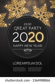 Happy New 2020 Year Poster Template with Shining Gold Snowflakes.