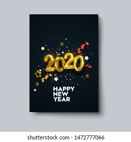 Happy New 2020 Year poster template. Holiday vector illustration. Festive decoration with glowing golden numbers, confetti particles, stars and ribbon streamers. Party invitation design