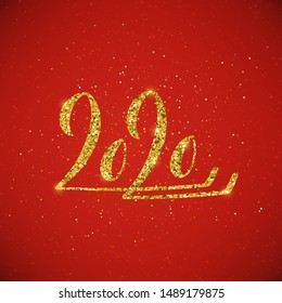 Happy New 2020 Year poster with lettering composition. Seasonal flyers and greetings cards for Christmas holydays. Gold sparkling design. Vector illustration.