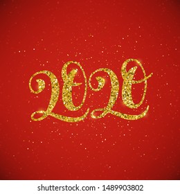 Happy New 2020 Year poster with lettering composition. Seasonal flyers and greetings cards for Christmas holydays. Gold sparkling design. Vector illustration.