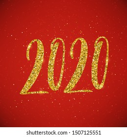 Happy New 2020 Year poster with lettering composition. Seasonal flyers and greetings cards for Christmas holydays. Gold sparkling design. Vector illustration.