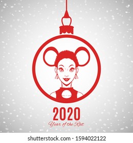 Happy New 2020 Year of the Rat, Chinese Zodiac symbol, beautiful girl in costume, vector illustration