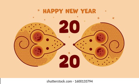 Happy new 2020 year, year of the rat, mouse. Template banner, poster in oriental style. Japanese, chinese elements. Vector illustration.
