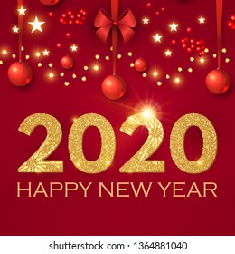 Happy New 2020 Year! Realistic Christmas Composition with Glossy Toys, Red Bow, Berries and Lights.