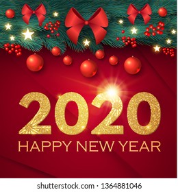 Happy New 2020 Year! Realistic Christmas Composition with Fir Tree Branches, Glossy Toys, Cones, Poinsettia and Lights.