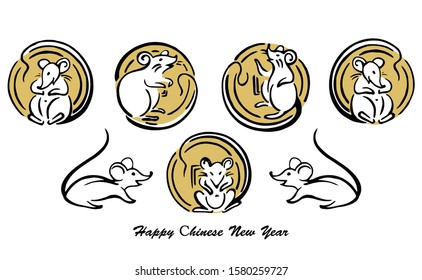 Happy Сhinese New 2020 Year. 
Set of hand drawn mouse in chinese calligraphy style. Cute rat (mouse) has long tail and gold money. Rat - Vector rat character set.