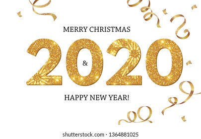 Happy New 2020 Year! Shining Greeting Card with Realistic Glossy Balloons with Serpentine.