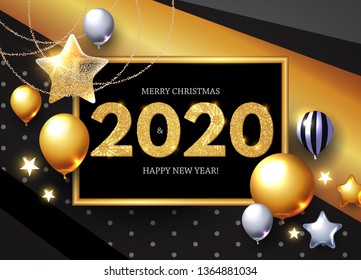 Happy New 2020 Year! Shining Greeting Card with Realistic Glossy Balloons with Serpentine.