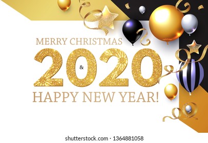 Happy New 2020 Year! Shining Greeting Card with Realistic Glossy Balloons with Serpentine.