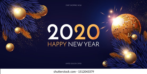 Happy New 2020 Year! Shining holiday design with gold disco ball, fir tree branches, glossy toys and light. Party invitation.