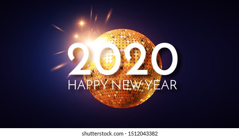 Happy New 2020 Year! Shining holiday design with gold disco ball. Party invitation.
