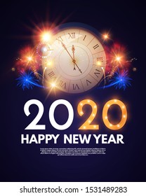 Happy new 2020 year! Shining holoday design with clock. fireworks and bokeh effect.