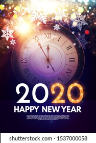 Happy new 2020 year! Shining holoday design with clock. fireworks and bokeh effect.