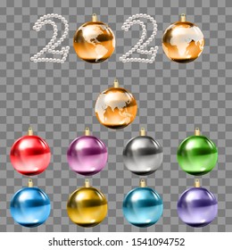 Happy New 2020 Year! Shining holiday design with balls set and pearls. 
