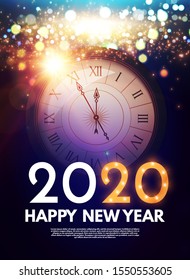 Happy new 2020 year! Shining holoday design with clock. fireworks and bokeh effect.