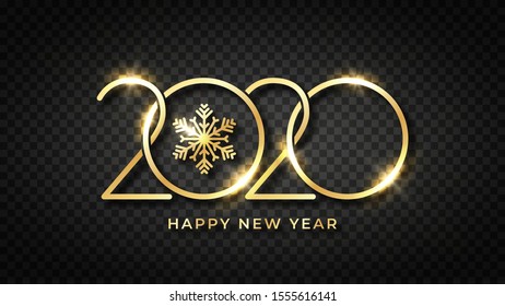 Happy new 2020 year. Shiny gold text and snowflake with stylized 2020 number. Happy New Year text design on transparent background. Luxury golden text for greeting card, banner and postcard. Vector