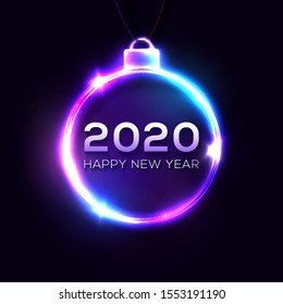 Happy New 2020 Year sign on dark blue background. Color glowing neon light decoration with bursting light flash. Holiday ball. Festive New Year 2020 party bauble. 3d bright design vector illustration.
