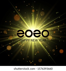 Happy new 2020 year. Star burst with sparkles. Light effect. Gold glitter texture.