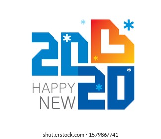 Happy new 2020 year typography concept design. Stylish blue geometric digits, stylized red and orange gradient heart and snowflakes on a white background. Editable EPS vector