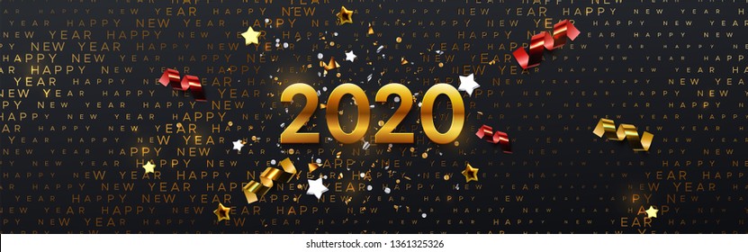 Happy New 2020 Year. Vector holiday illustration. Festive banner concept. Black background with golden typography halftone pattern and sparkling tinsel. Greeting card or party invitation sign template