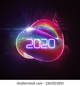 Happy New 2020 Year. Vector holiday illustration of glowing neon 2020 sign and shiny abstract luminous iridescent shape with splash of particles. NYE party invitation design element