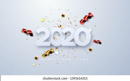 Happy New 2020 Year. Vector holiday illustration of paper cut numbers with sparkling confetti particles, golden stars and streamers. Festive event banner. Decoration element for poster or cover design