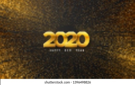 Happy New 2020 Year. Vector holiday illustration. Golden numbers on black background textured with shimmering glitters. Festive event banner with bursting light rays. Modern poster or cover design