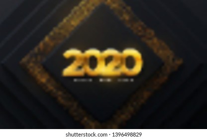 Happy New 2020 Year. Vector holiday illustration. Papercut golden numbers on black geometric background. Festive event banner. Paper shapes and glitters. Decoration element for poster or cover design