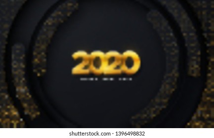 Happy New 2020 Year. Vector holiday illustration. Papercut golden numbers on black geometric background. Festive event banner. Paper shapes and glitters. Decoration element for poster or cover design