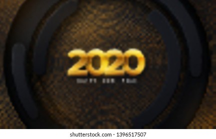 Happy New 2020 Year. Vector holiday illustration. Papercut golden numbers on black geometric background. Festive event banner. Paper shapes and glitters. Decoration element for poster or cover design