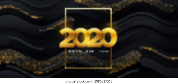 Happy New 2020 Year. Vector holiday illustration. Papercut golden numbers on black geometric background. Festive event banner. Paper shapes and glitters. Decoration element for poster or cover design