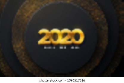Happy New 2020 Year. Vector holiday illustration. Papercut golden numbers on black geometric background. Festive event banner. Paper shapes and glitters. Decoration element for poster or cover design