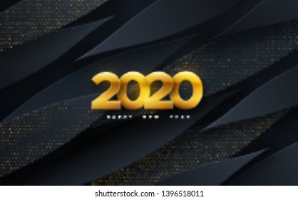 Happy New 2020 Year. Vector holiday illustration. Papercut golden numbers on black geometric background. Festive event banner. Paper shapes and glitters. Decoration element for poster or cover design