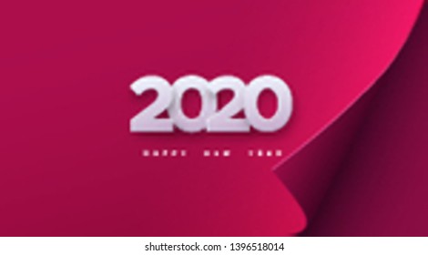 Happy New 2020 Year. Vector holiday illustration. White numbers on red paper sheet background. Festive event banner. Decoration element for poster or cover design