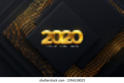 Happy New 2020 Year. Vector holiday illustration. Papercut golden numbers on black geometric background. Festive event banner. Paper shapes with glitters and wavy pattern. Poster or cover design