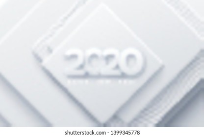 Happy New 2020 Year. Vector holiday illustration. Paper 3d numbers on white abstract background. Festive event banner. Geometric square shapes. Decoration element for poster or cover design