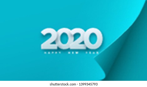 Happy New 2020 Year. Vector holiday illustration. White numbers on blue paper sheet background. Festive event banner. Decoration element for poster or cover design