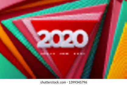 Happy New 2020 Year. Vector holiday illustration. White numbers 2020. Colorful geometric background. Festive event banner. Paper shapes with engraved wavy pattern. Poster or cover design