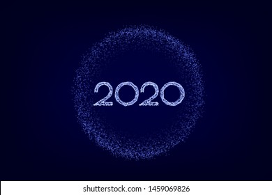 Happy New 2020 Year. Vector holiday illustration. Wireframe neon numbers 2020. New years 2020 form lines, wireframe, triangles and particle style design. Vector