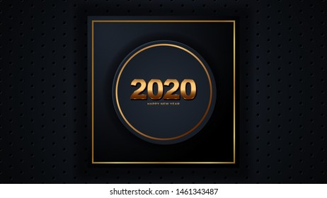 Happy New 2020 Year. Vector holiday illustration. Papercut golden numbers on black geometric background. Festive event banner. Paper shapes and glitters. Decoration element for poster or cover design,