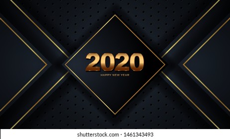 Happy New 2020 Year. Vector holiday illustration. Papercut golden numbers on black geometric background. Festive event banner. Paper shapes and glitters. Decoration element for poster or cover design,