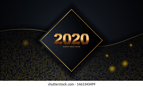 Happy New 2020 Year. Vector holiday illustration. Papercut golden numbers on black geometric background. Festive event banner. Paper shapes and glitters. Decoration element for poster or cover design,